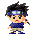Pixelated character with spiky black hair, blue headband, blue shirt, beige shorts, and blue sandals holding a black object, showing two sequential poses.