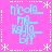 Pixelated cyan text 'nicole' and 'm' with abstract shapes on a pink background, bordered by white dashed lines and asterisks.
