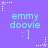 Purple background with repeated light blue text 'emmy doovie :]' and white star motifs in corners and midpoints.