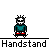 Pixel art character in teal shirt and red shorts performs handstand on skateboard, head alternates between white skull and red eyes.