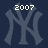 Pixelated dark blue background with three gray 'NY' logos, white text reading 2007 and A.L. WildCard at top, The Yankees partially visible below.