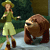 Pixelated image of a person in green attire walking beside a large brown bear on a path with greenery in the background.