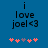 Blue background with black text 'i love joel <3' and five pink/purple heart icons below, two versions showing animation changes in heart positions.