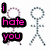Pixelated stick figures with text overlays showing 'i hate you' and 'i love you', a blue 'ok.. bi' bubble, and green text on pink background.
