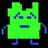 Pixelated green and pink character icons flank stylized text on a black background with gray rectangle.