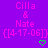 Purple background with pink text reading "Cilla & Nate [[4-17-06]]" and green pixelated heart symbols below each text block.