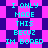 Pixelated cyan text on a pink and dark purple checkered background with repeated patterns.