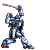 Six pixelated mecha poses in blue, white, and red with yellow accents against a gray background; each pose shows distinct weapon or stance variations.
