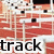 Pixelated red and white graphic with black text reading 'track' at the bottom, featuring abstract shapes resembling a brick wall or structure.