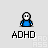 Pixelated blue and white character icons with 'ADHD' text below each, showing various poses and animations including standing, sitting, and rotating.