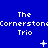 Blue background with repeated white text "The Cornerstone Trio" and small white symbols above each text block.
