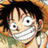 Pixelated anime character with wide eyes and a broad grin, wearing a straw hat, next to black background with white text.