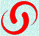 Red and white spiral shapes rotate in a circular pattern against a light blue background with pixelated noise.