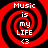 Red and black spiral background with white text "Music is my LIFE" and a small heart symbol below.