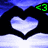 Four heart-shaped frames with blue and white backgrounds contain pixelated <3 symbols in green, red, pink, and blue.