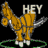Animated golden robot with silver accents and green rings, saying "HEY" against black and gray backgrounds.