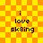 Yellow and orange checkered background with black text reading "i love skiing" in four identical arranged in a