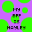 Pixelated text on purple background with green circles, reading 'MY BFF IS HAYLEY' in black block letters.