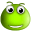 Green cartoon character with large eyes and antennae, smiling expression on white background.