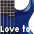 Blue electric guitar with white pickguard and black fretboard, text "Love to rock" above and "on my" below in pixelated font.
