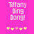 Pixelated text 'Tiffany Ding Dong!' on bright pink background with yellow and pink heart symbols below.