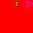 Red background with two green 'I' letters and a purple pixelated heart symbol in the center.