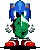 Pixelated Sonic the Hedgehog character with blue spines, white gloves, red shoes, and green body holding a large green object in four sequential poses.