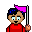 Pixel art avatar of a person with brown skin, blue hair, and a red shirt holding a flag with purple and pink sections.