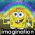 Pixelated yellow cartoon character with wide eyes and a broad smile, wearing white shorts under a rainbow-colored arc against a blue background.