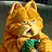 Animated orange tabby cat with green bow tie in six sequential poses showing mouth and paw movements.