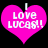 Two identical pink heart-shaped icons with white text reading "LOVE LUCAS!!" on a black background, each featuring a small gray tab at the top center.