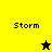 A split-screen animation with yellow, black, and olive green sections displaying the word "Storm" and two star icons.