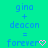 A cyan background displays repeated text 'gina + deacon = forever' with a pink heart symbol, where the heart's animation changes across frames.