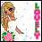 Pixel art of a blonde woman in a white dress with green accents, holding a feather, standing beside vertical text reading 'LOVELY' on a white background with pink and blue dots.