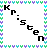 Pixelated of black text 'Kristen' with varying letter spacing and alignment across three , bordered by repeating cyan-purple patterned frame on white background