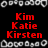 Pixelated red text lists names and phrases on a black background with white border elements, featuring 'Kim Katie Kirsten' and 'Together they're the...'