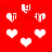 Red background with multiple white pixelated heart shapes scattered across the surface, some hearts contain partial text fragments.