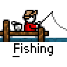 Animated contact sheet of a pixel art fishing character in red shirt and brown hat on wooden dock, showing sequential motion frames with fishing rod and water background.