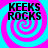 Four identical display "KEEKS ROCKS" text over cyan and magenta spiral backgrounds with pixelated edges