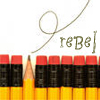 A row of yellow pencils with red erasers and black ferrules, one sharpened pencil in the center, with a handwritten-style 'rebe' text and curved line above.