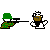 Pixel art animation of green-clad soldiers with white helmets firing rifles, alternating with white figures with brown faces, against a gray background.