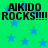 Green background with blue stars and black text reading "AIKIDO ROCKS!!!!!" in four identical quadrants.