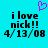 Cyan background with black text reading 'i love nick!!' and date '4/13/08', plus a pink pixelated heart above the left text block.