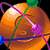 Animated icon with a cartoon planet, orbiting satellites, and a person in a green top with a purple necklace.