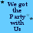 Blue background with repeated text "We got the Party with Us" in dark blue, scattered black and light blue stars, and a gray rectangle in the bottom right corner.