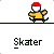 Pixelated skater character in yellow shirt and red cap performing tricks on a skateboard