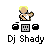 Pixel art icon of a person with blonde hair holding a turntable, below which are three black symbols and the text 'Dj Shady' on a gray background.