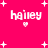 Pixelated text 'hailey' appears four times on a bright pink background with white stars and hearts.