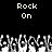 Pixelated black background with white text "Rock On" repeated twice above a of pixelated hands raised in rock gestures