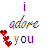 Pixelated text and symbols on white background: a vertical purple-blue gradient bar, colorful cursive 'i adore', red pixel hearts, and blocky multicolor 'YOU' with blue accents.